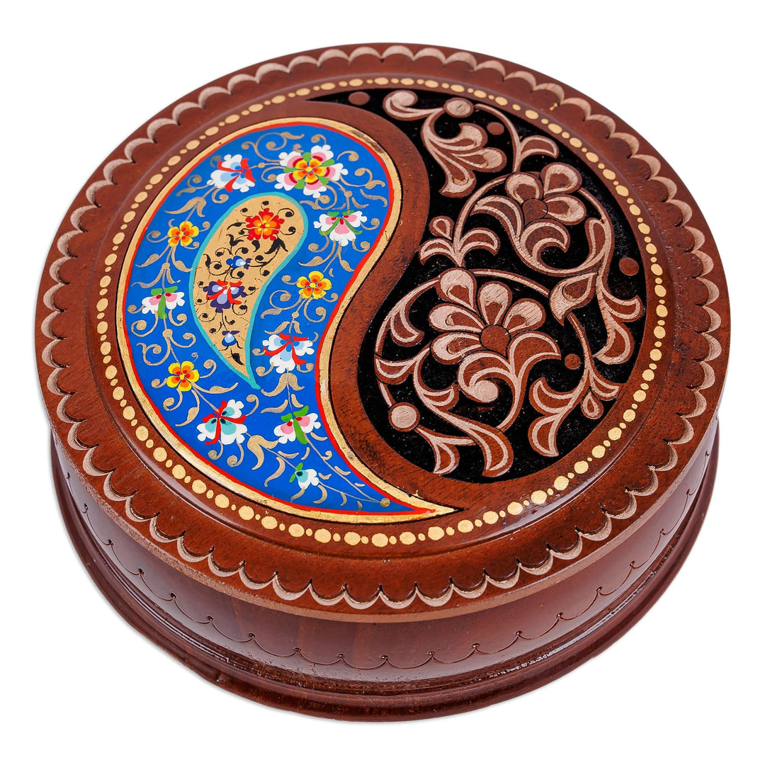 Paisley and Floral-Themed Walnut Wood Jewelry Box in Blue - Elysium Treasure in Blue