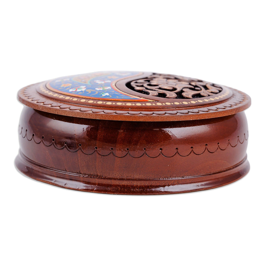 Paisley and Floral-Themed Walnut Wood Jewelry Box in Blue - Elysium Treasure in Blue