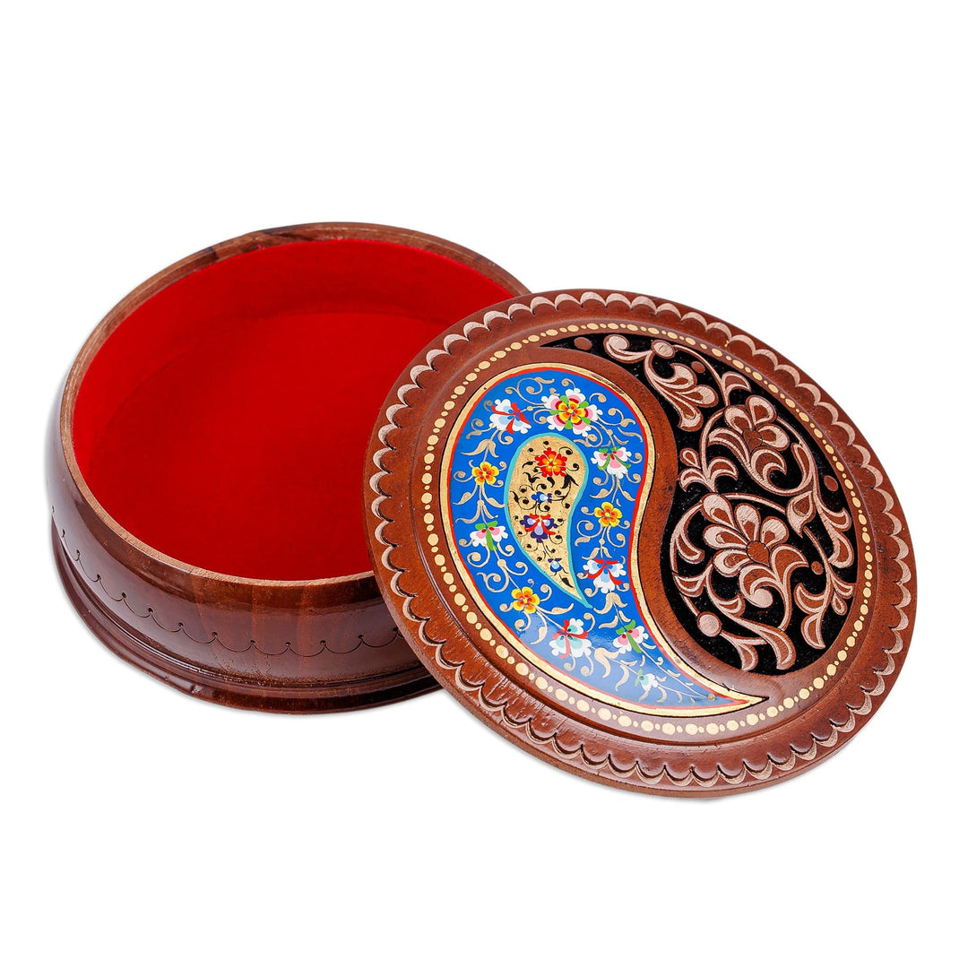 Paisley and Floral-Themed Walnut Wood Jewelry Box in Blue - Elysium Treasure in Blue