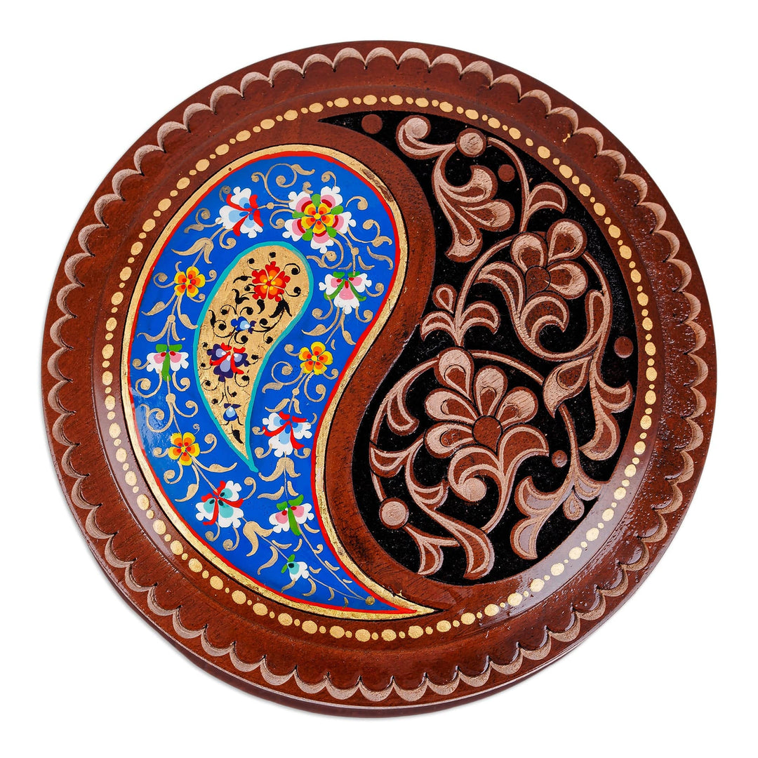 Paisley and Floral-Themed Walnut Wood Jewelry Box in Blue - Elysium Treasure in Blue