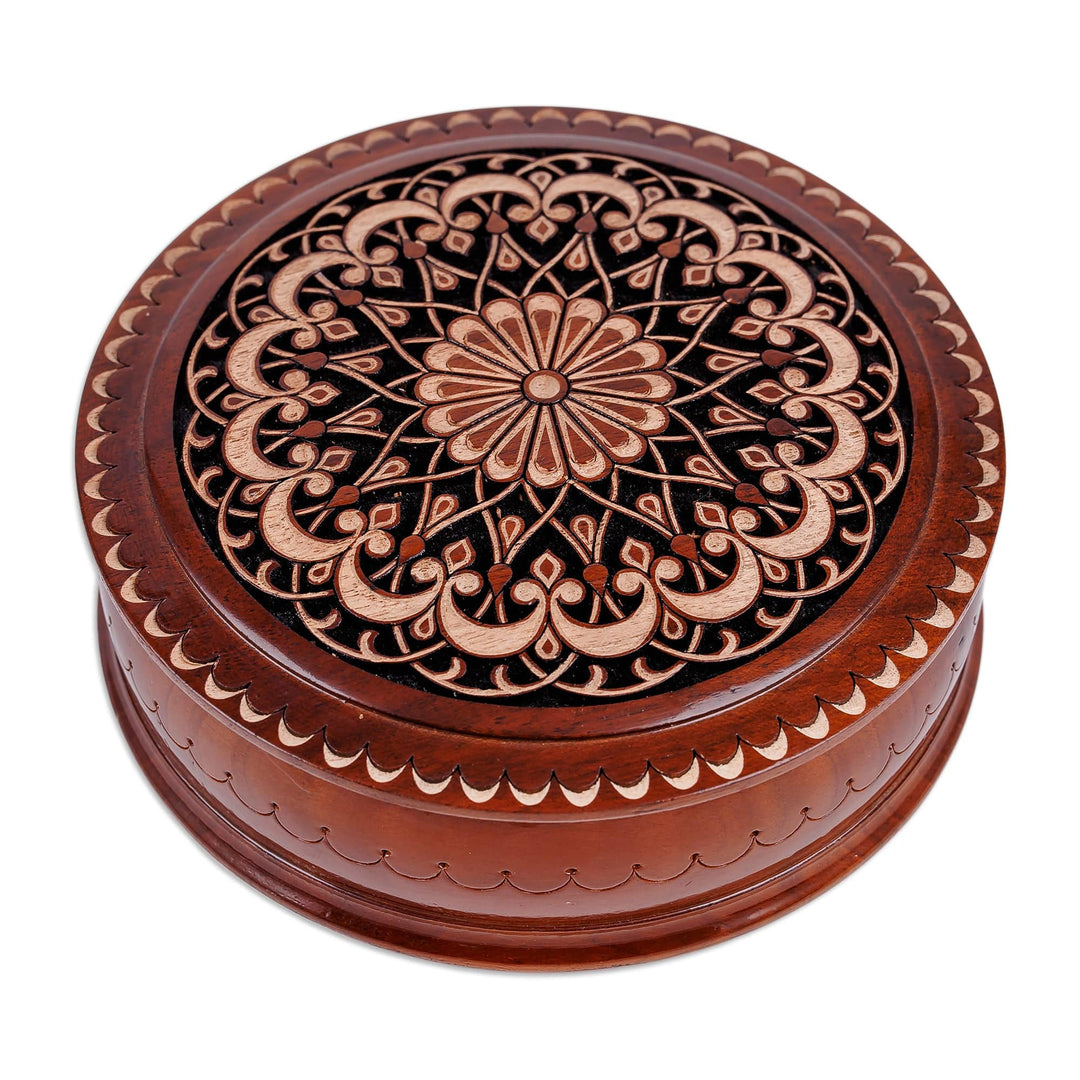Hand-Carved Floral Walnut Wood Jewelry Box from Uzbekistan - Palace's Dream