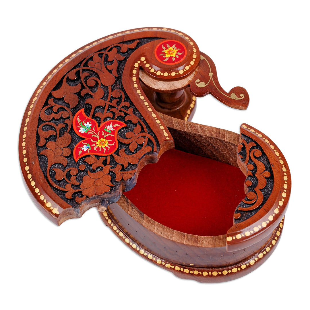 Paisley-Shaped Walnut Wood Puzzle Box with Floral Details - Paisley & Passion