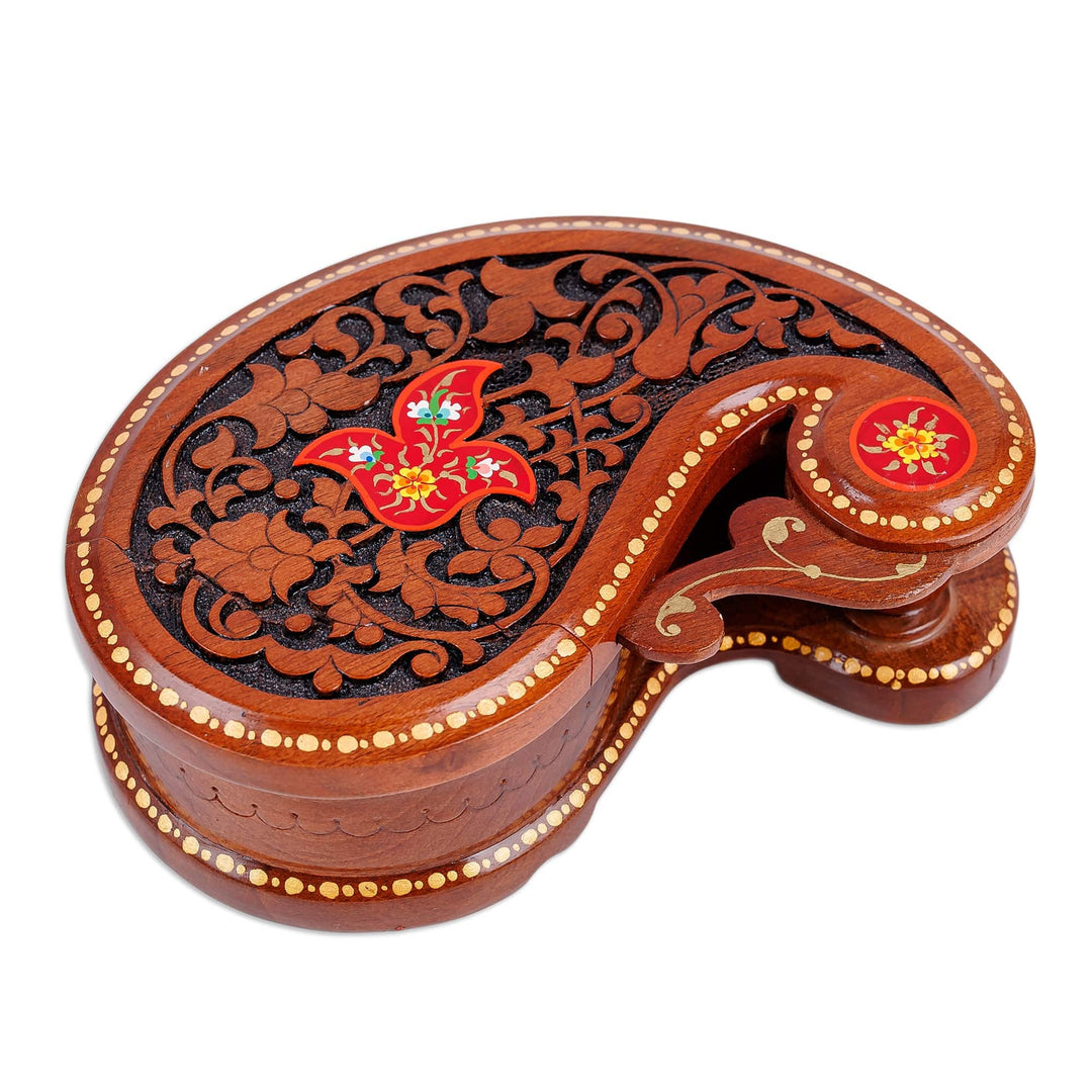 Paisley-Shaped Walnut Wood Puzzle Box with Floral Details - Paisley & Passion