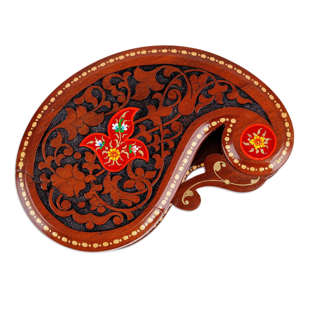 Paisley-Shaped Walnut Wood Puzzle Box with Floral Details - Paisley & Passion