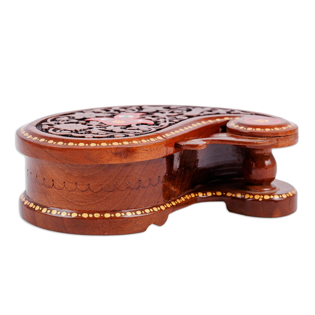 Paisley-Shaped Walnut Wood Puzzle Box with Floral Details - Paisley & Passion