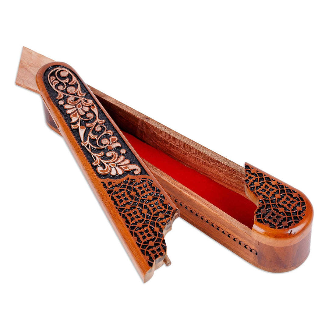 Floral Hand-Carved Oblong Walnut Wood Puzzle Box in Brown - Noble Spring