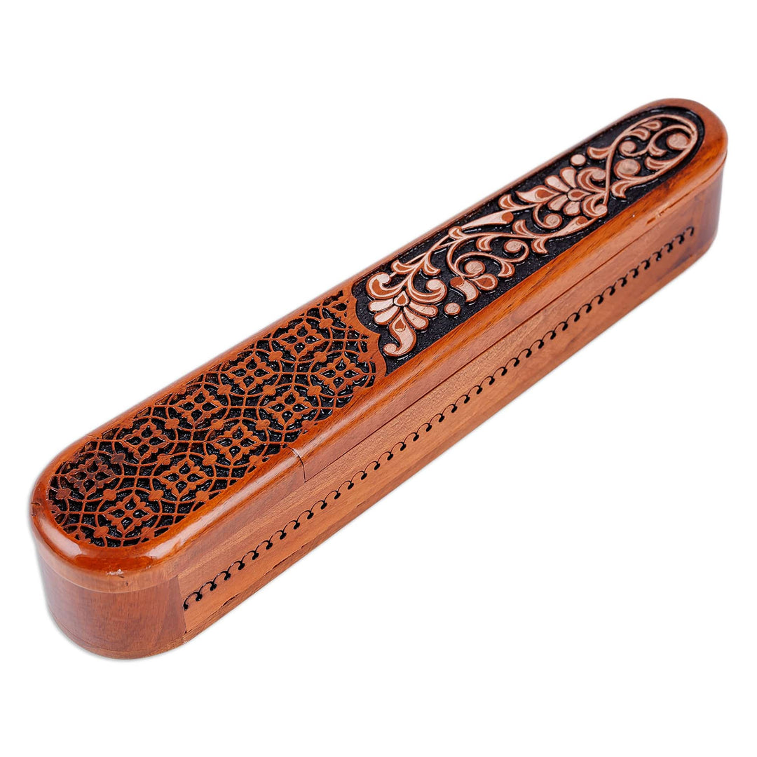 Floral Hand-Carved Oblong Walnut Wood Puzzle Box in Brown - Noble Spring