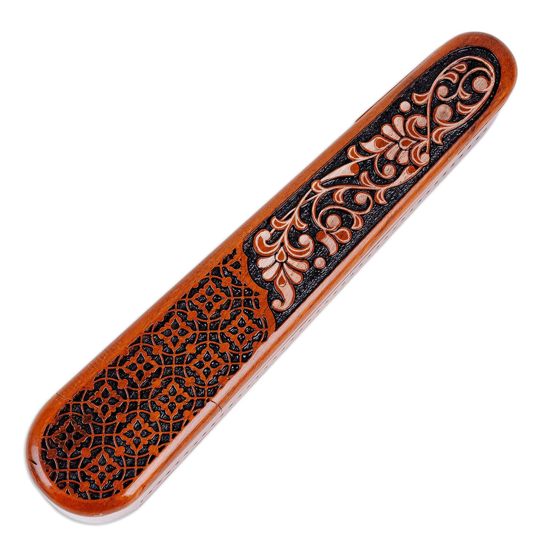 Floral Hand-Carved Oblong Walnut Wood Puzzle Box in Brown - Noble Spring