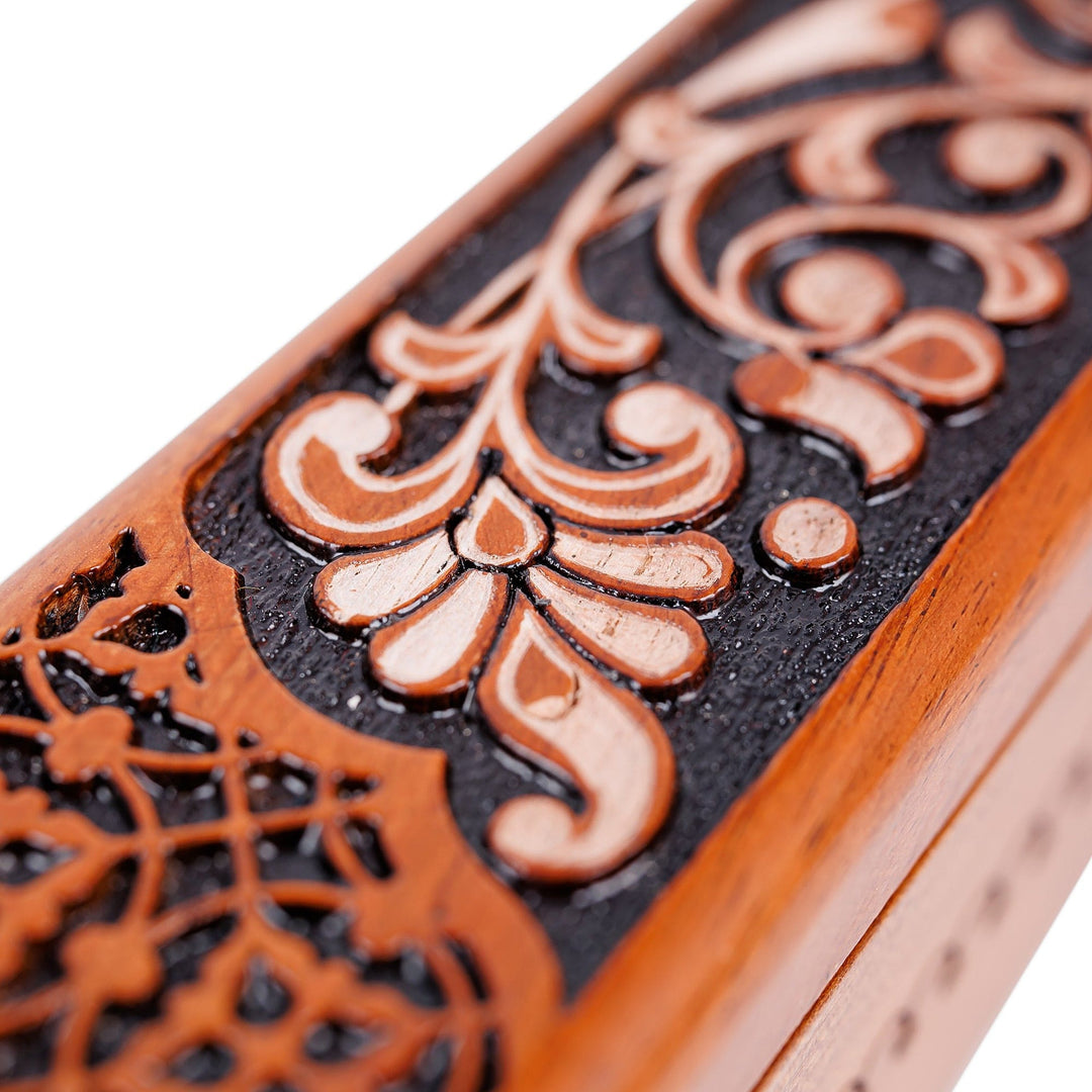 Floral Hand-Carved Oblong Walnut Wood Puzzle Box in Brown - Noble Spring