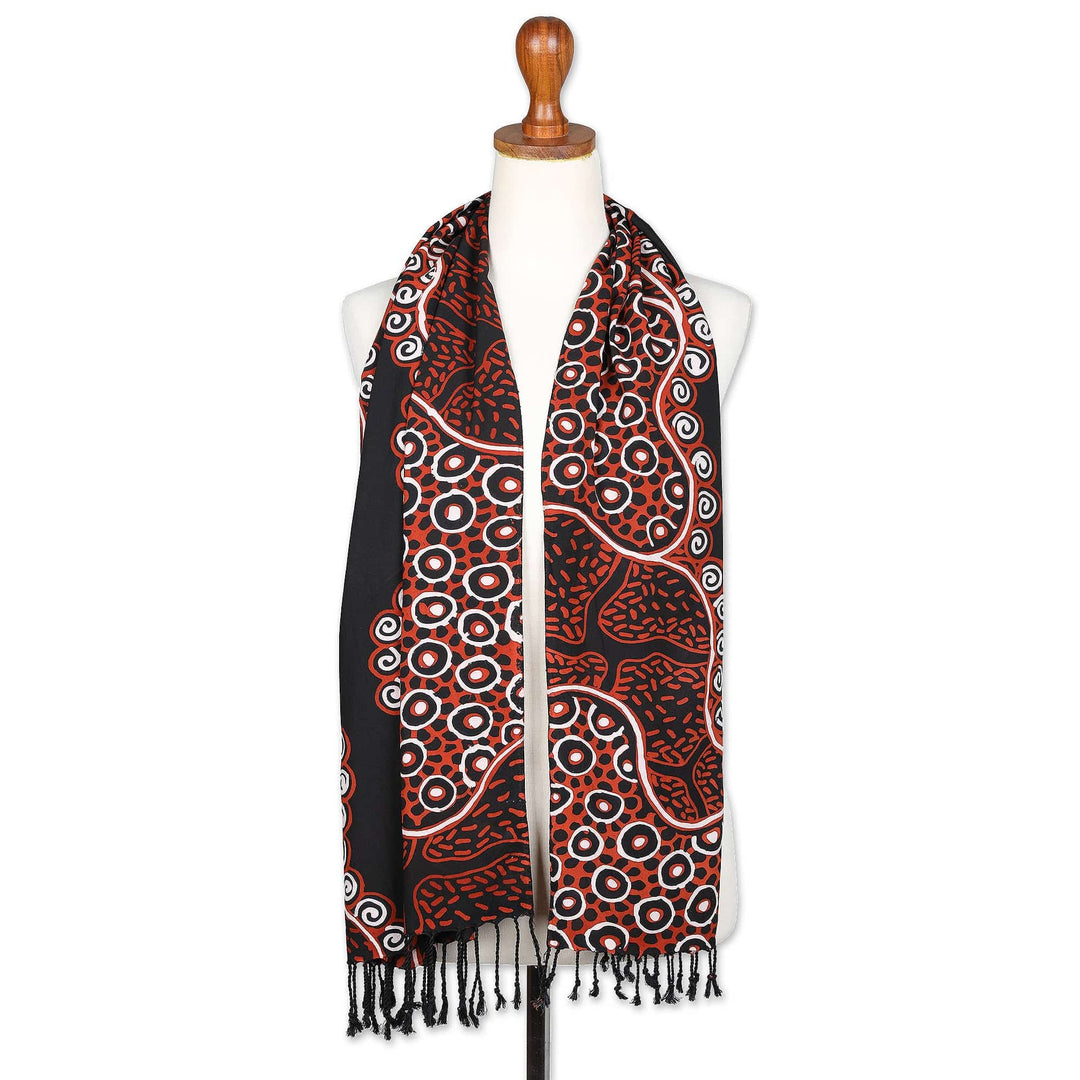 Fringed Batik Rayon Scarf in Orange & Black Handmade in Java - Wonderful Java