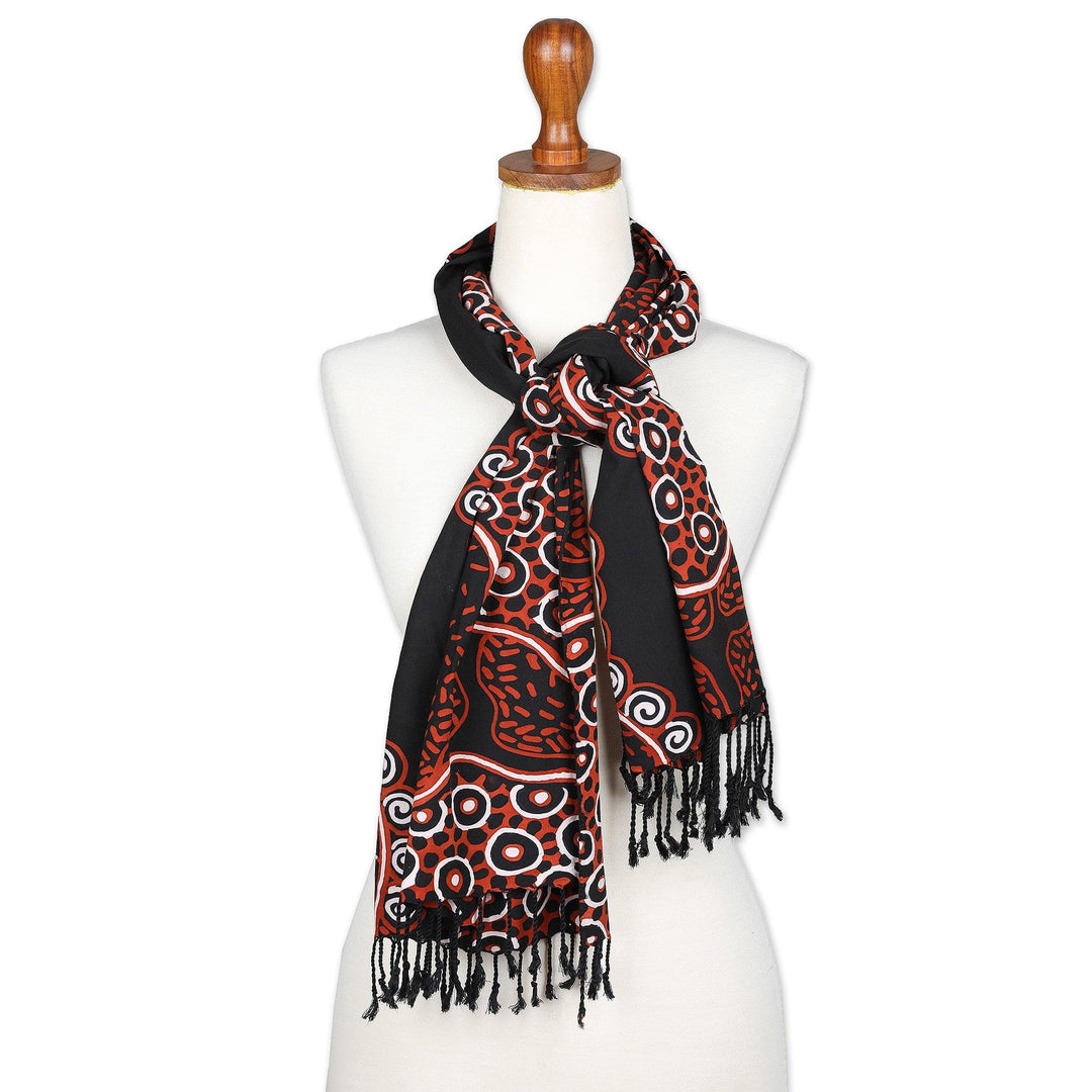 Fringed Batik Rayon Scarf in Orange & Black Handmade in Java - Wonderful Java