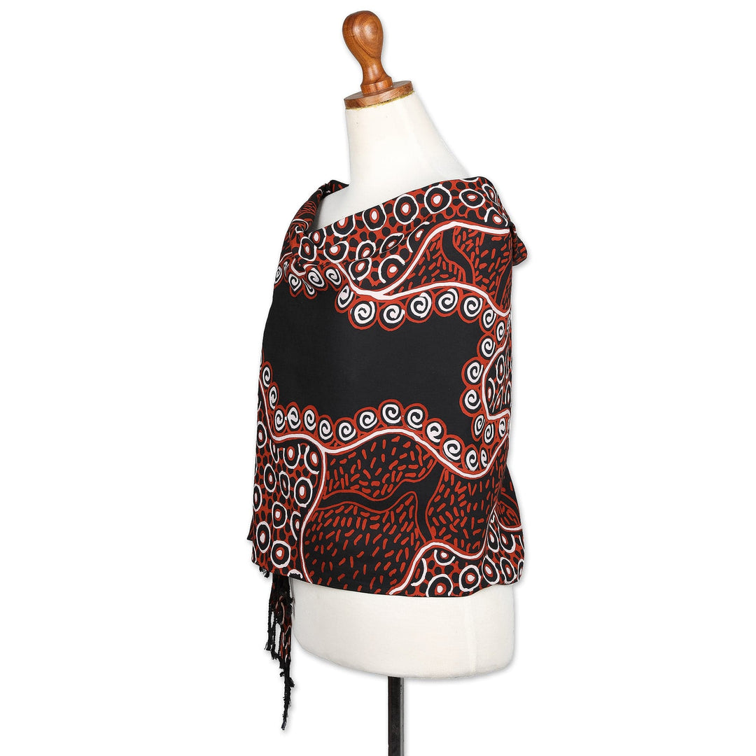 Fringed Batik Rayon Scarf in Orange & Black Handmade in Java - Wonderful Java