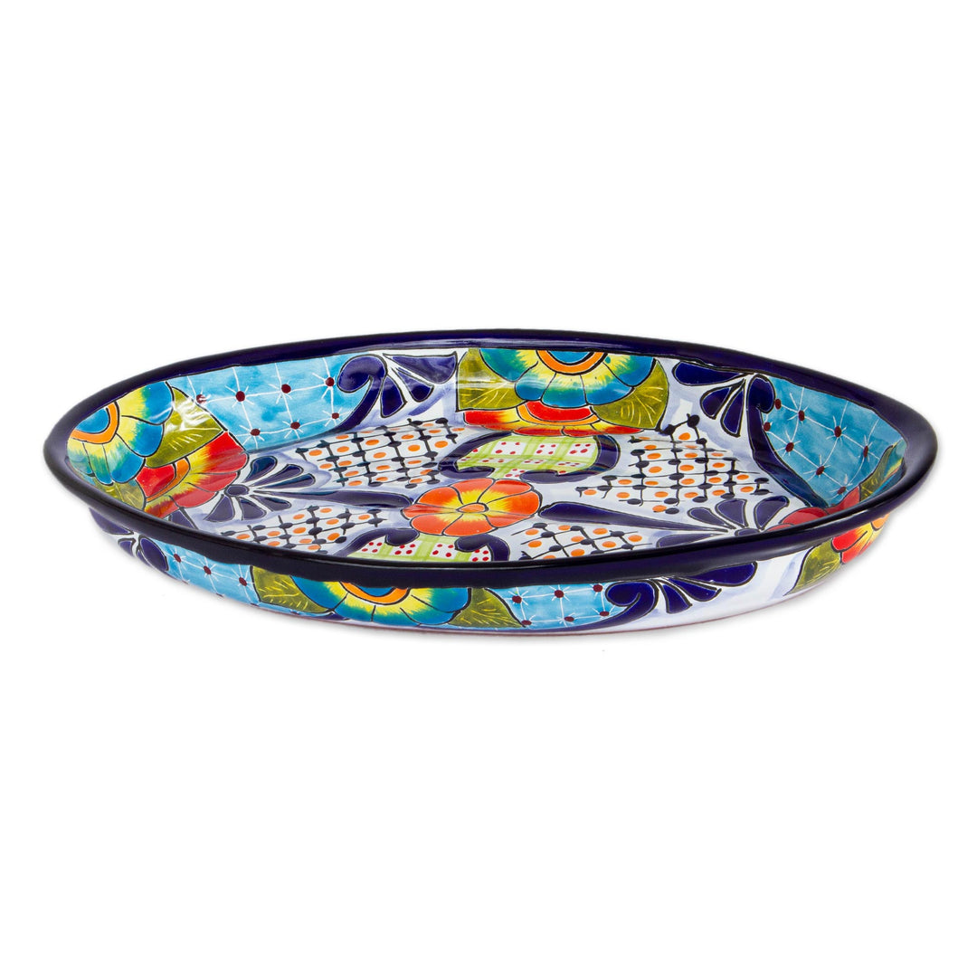 Talavera-Style Oval Ceramic Serving Platter from Mexico - Raining Flowers
