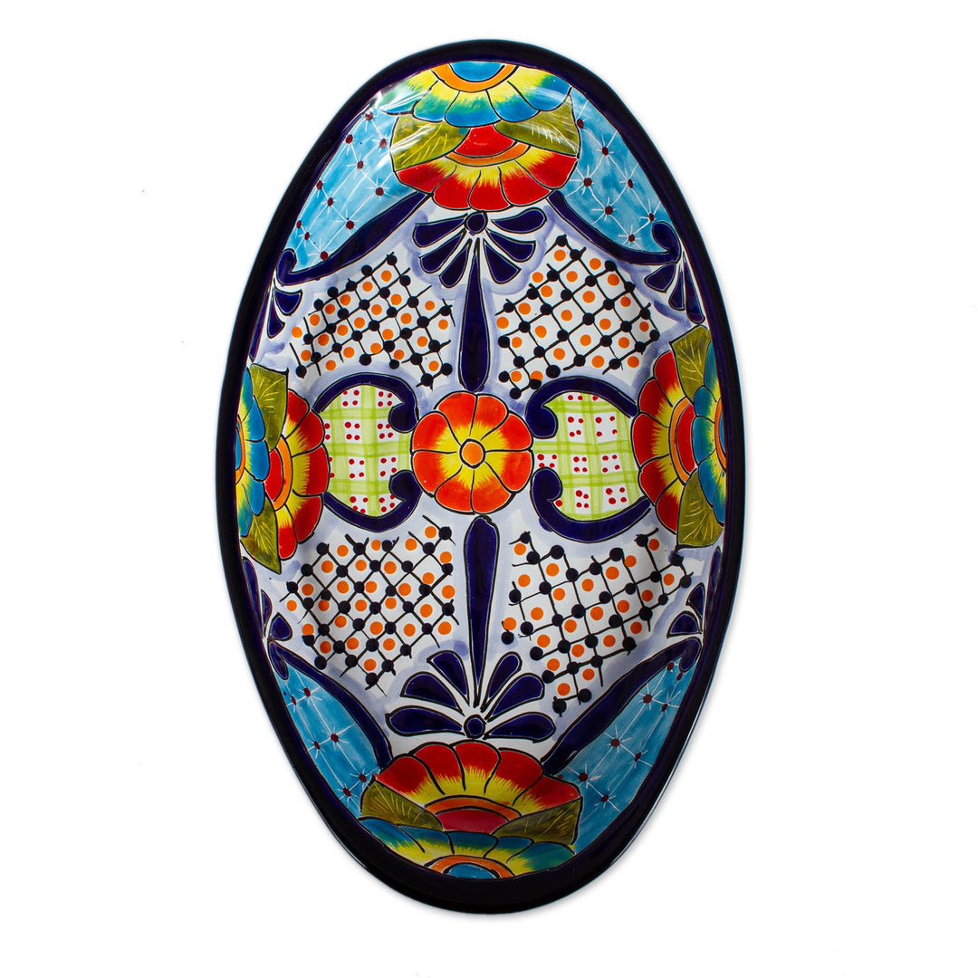 Talavera-Style Oval Ceramic Serving Platter from Mexico - Raining Flowers