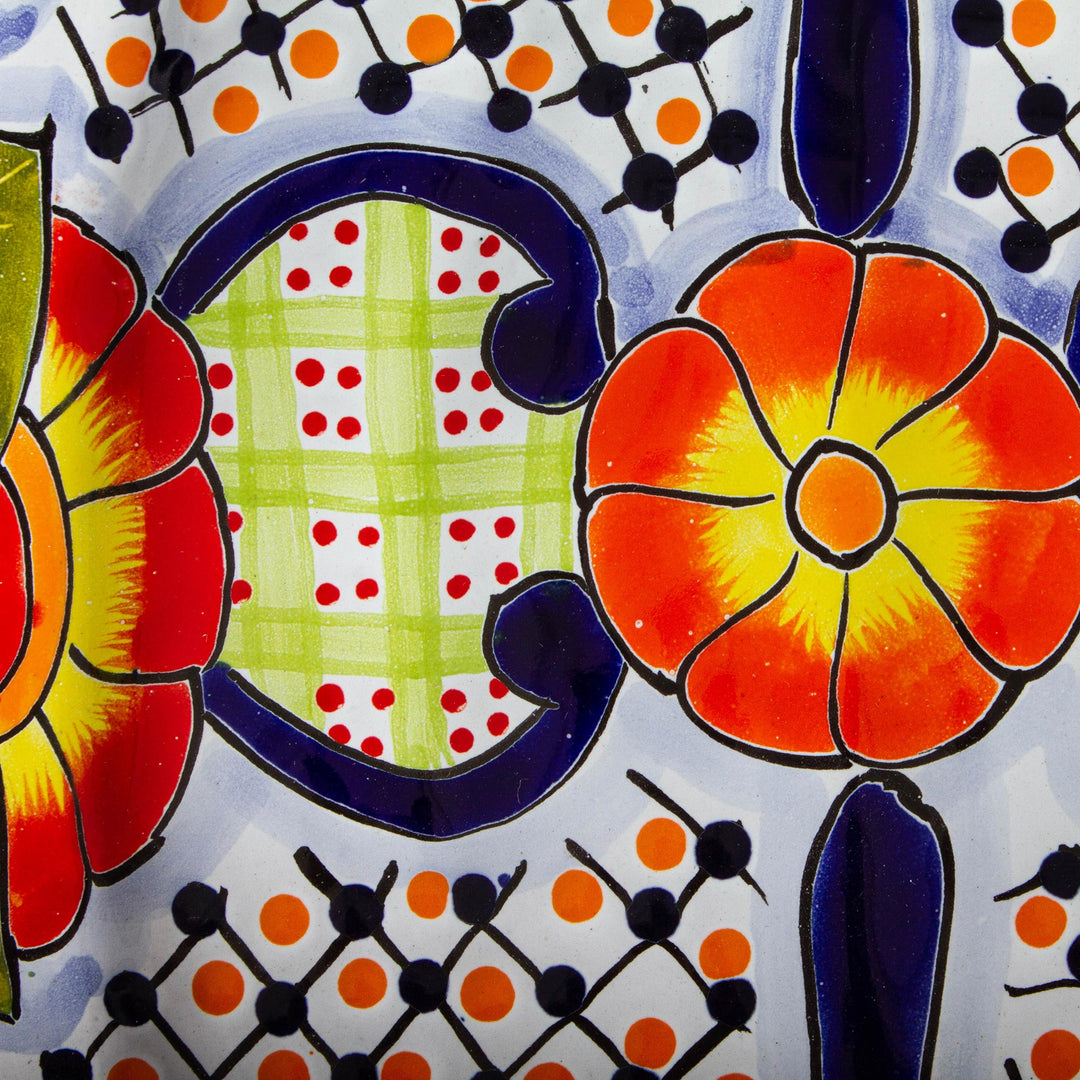 Talavera-Style Oval Ceramic Serving Platter from Mexico - Raining Flowers