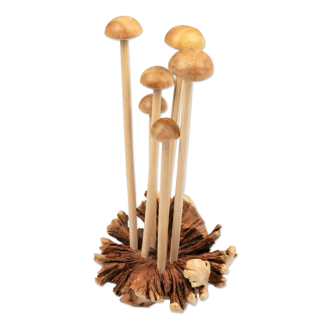 Wood Sculpture with Mushroom-Like Base Handcrafted in Bali - Mushroom Spectacle