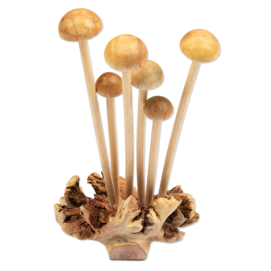 Wood Sculpture with Mushroom-Like Base Handcrafted in Bali - Mushroom Spectacle