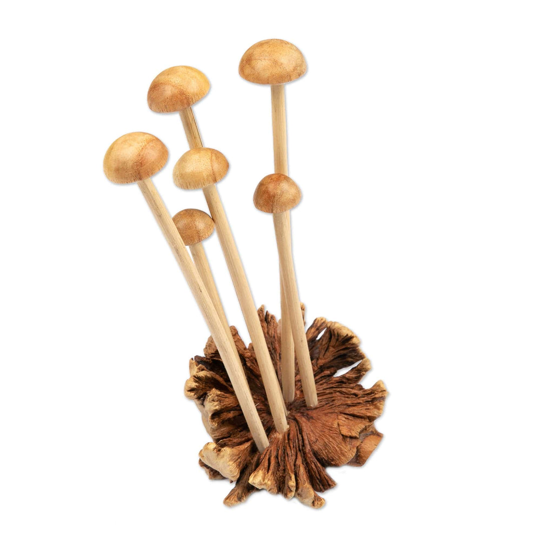 Wood Sculpture with Mushroom-Like Base Handcrafted in Bali - Mushroom Spectacle