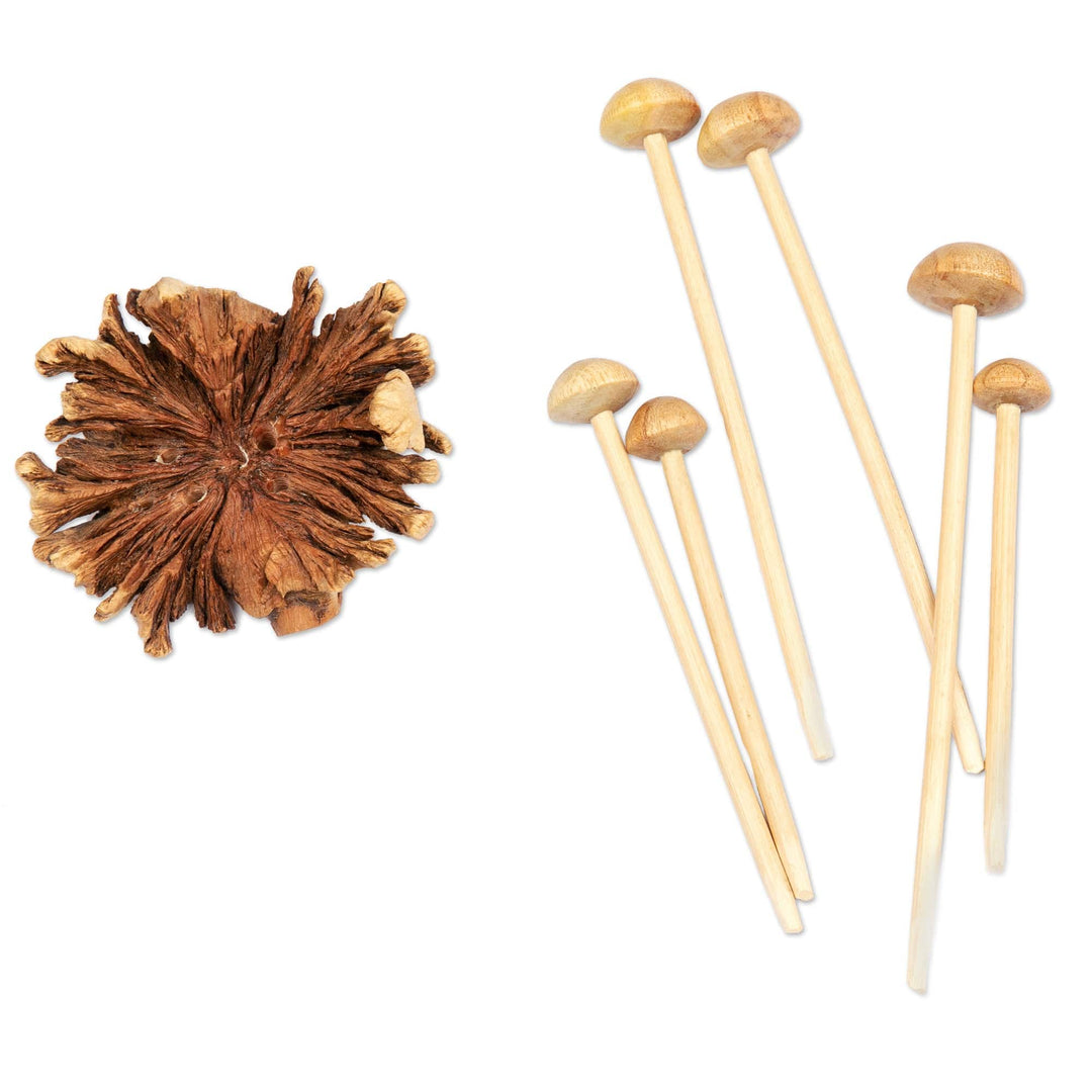 Wood Sculpture with Mushroom-Like Base Handcrafted in Bali - Mushroom Spectacle