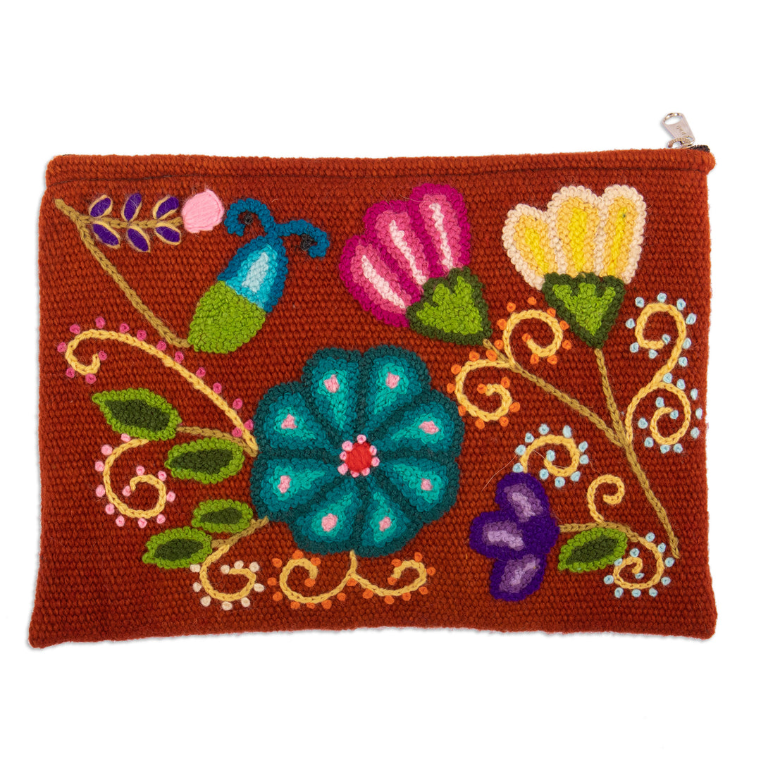 Floral Embroidered Wool Cosmetic Bag from Peru - Eden Cinnabar
