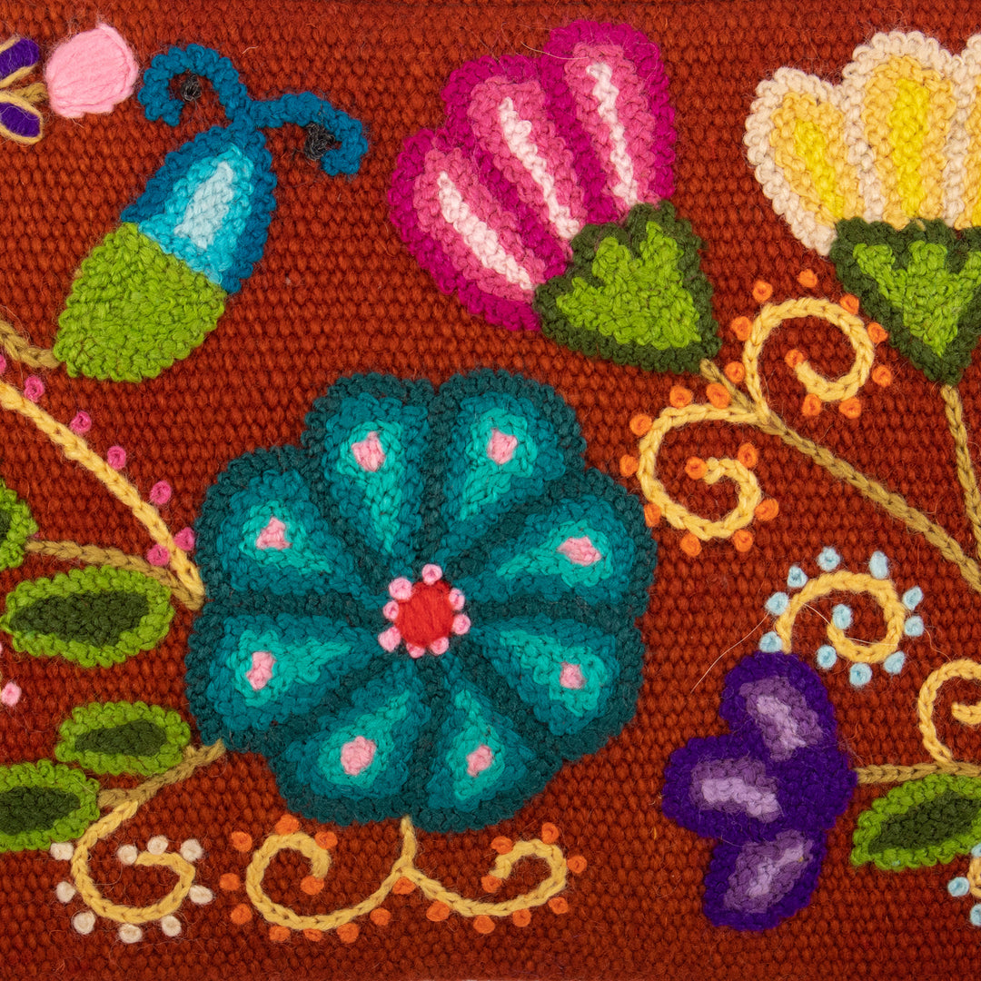 Floral Embroidered Wool Cosmetic Bag from Peru - Eden Cinnabar