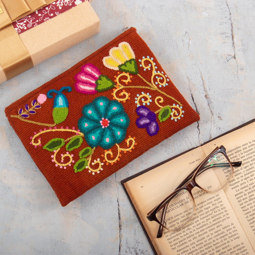 Floral Embroidered Wool Cosmetic Bag from Peru - Eden Cinnabar