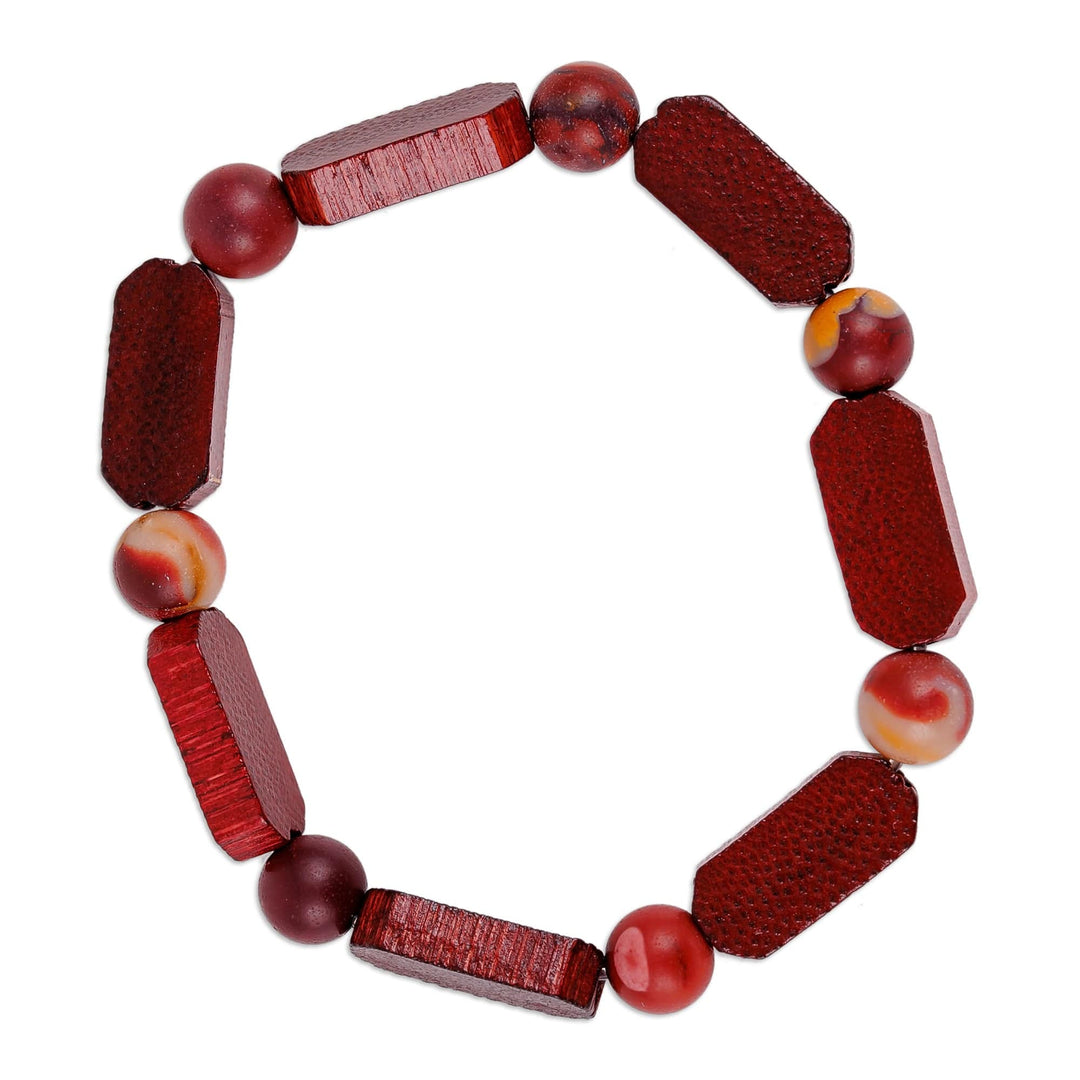 Handmade Jasper and Wood Beaded Stretch Bracelet in Red - Fire Liberty
