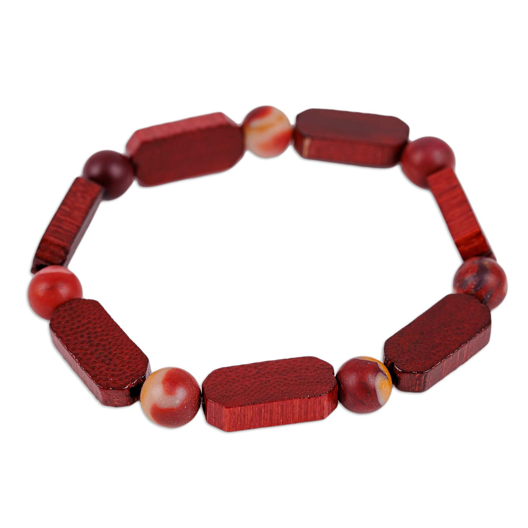 Handmade Jasper and Wood Beaded Stretch Bracelet in Red - Fire Liberty