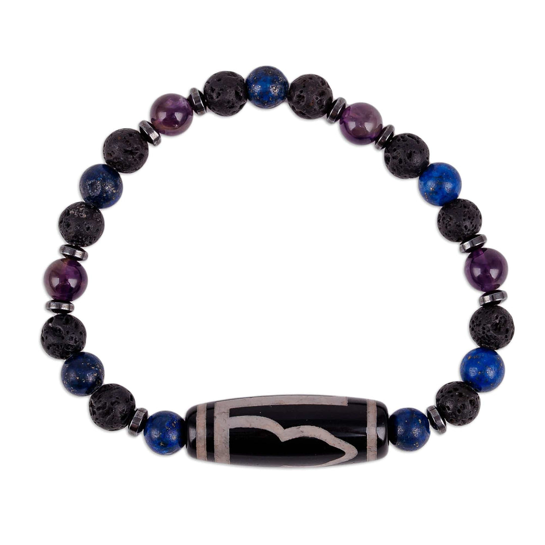 Multi-Gemstone Beaded Dzi Pendant Bracelet in Blue - Blue Fate