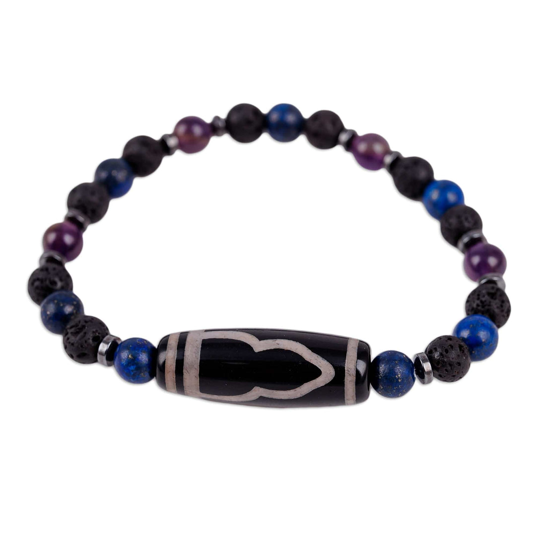 Multi-Gemstone Beaded Dzi Pendant Bracelet in Blue - Blue Fate