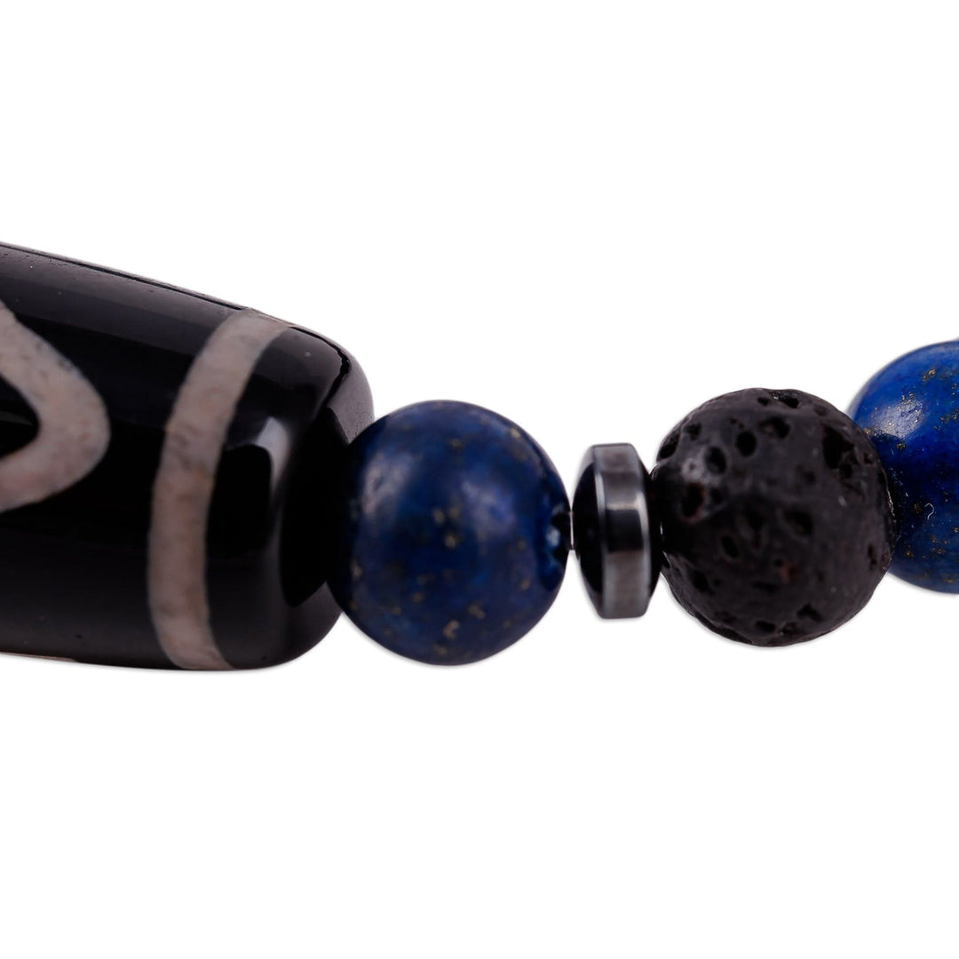 Multi-Gemstone Beaded Dzi Pendant Bracelet in Blue - Blue Fate