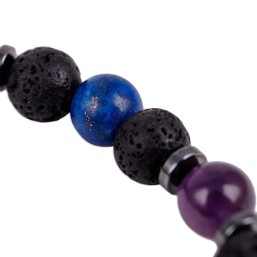 Multi-Gemstone Beaded Dzi Pendant Bracelet in Blue - Blue Fate