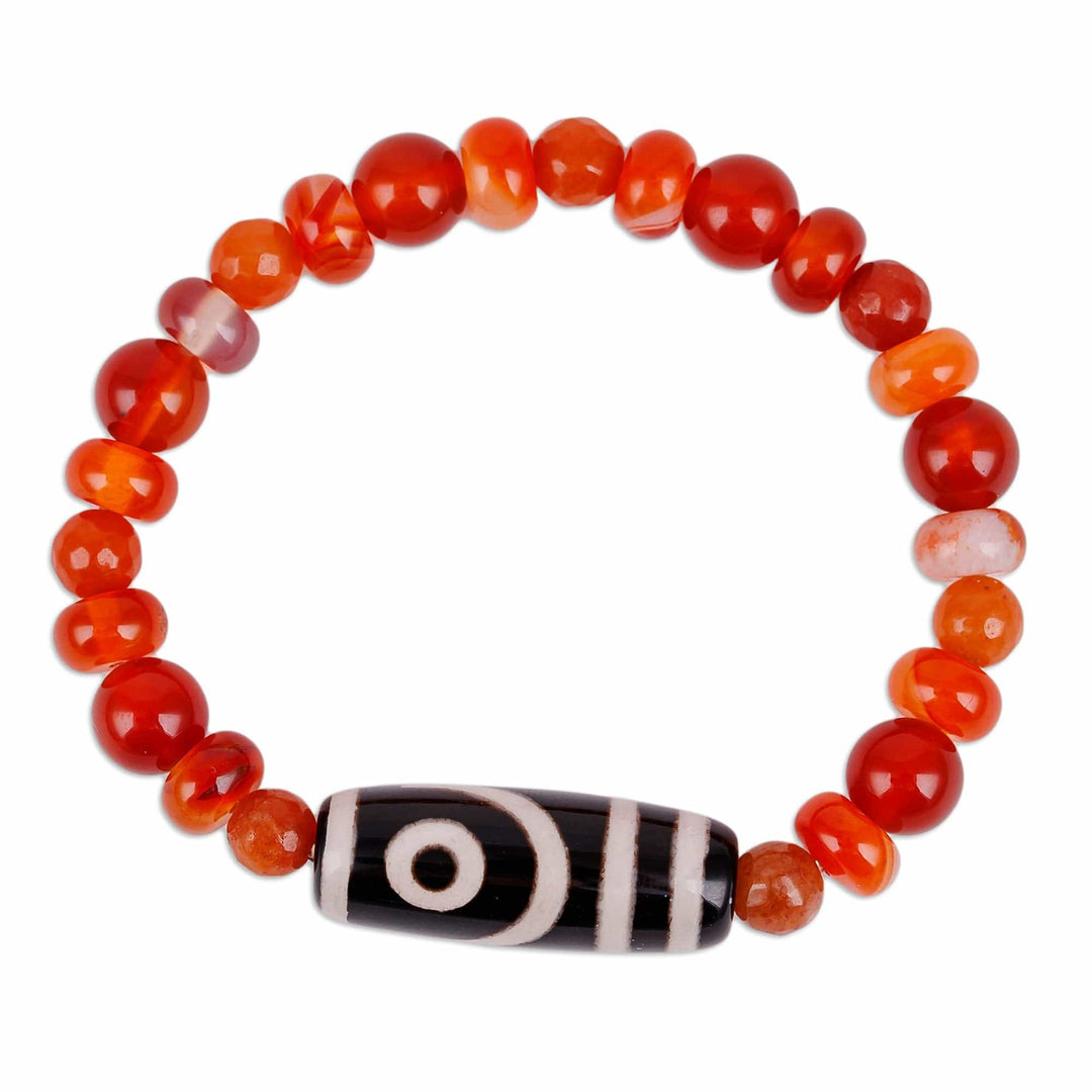 Carnelian and Agate Beaded Dzi Pendant Bracelet in Orange - Orange Fate