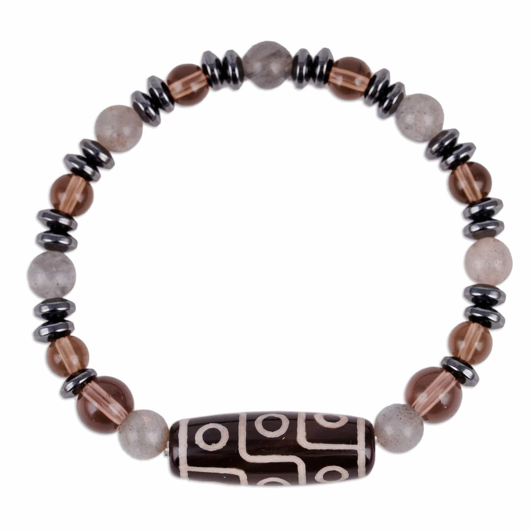 Multi-Gemstone Beaded Dzi Pendant Bracelet in Grey - Grey Fate