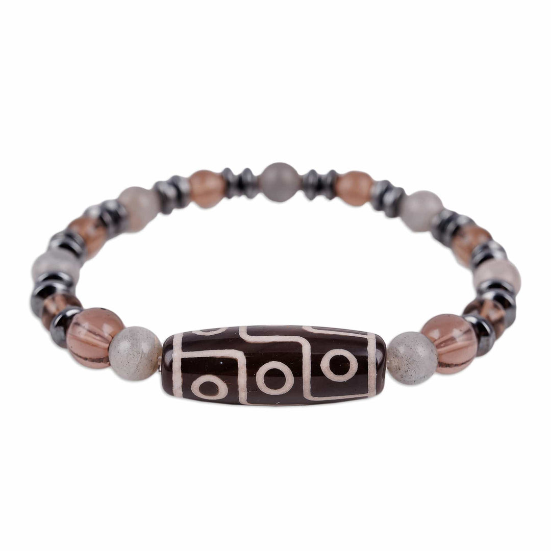 Multi-Gemstone Beaded Dzi Pendant Bracelet in Grey - Grey Fate