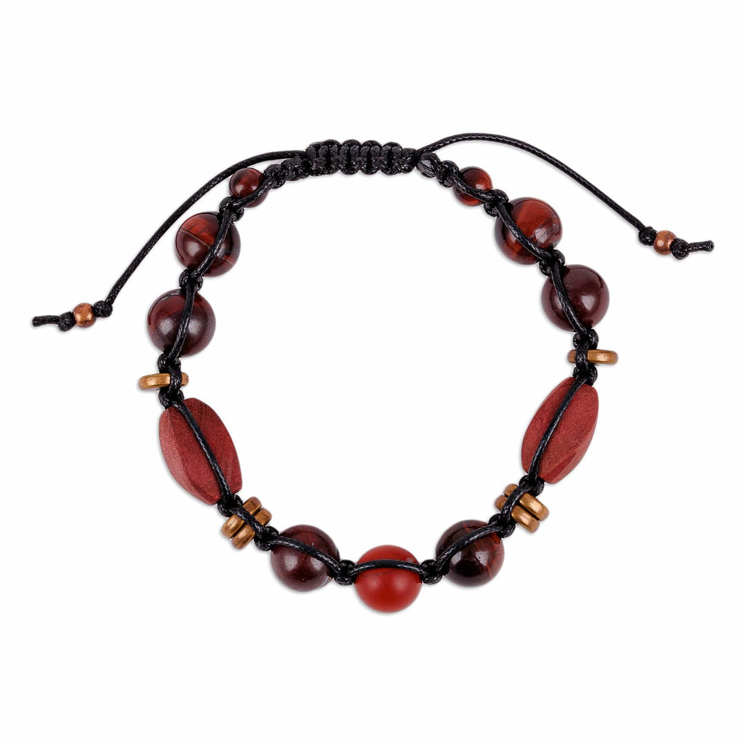 Tiger's Eye and Jasper Black Waxed Nylon Macrame Bracelet - Weaving Bravery