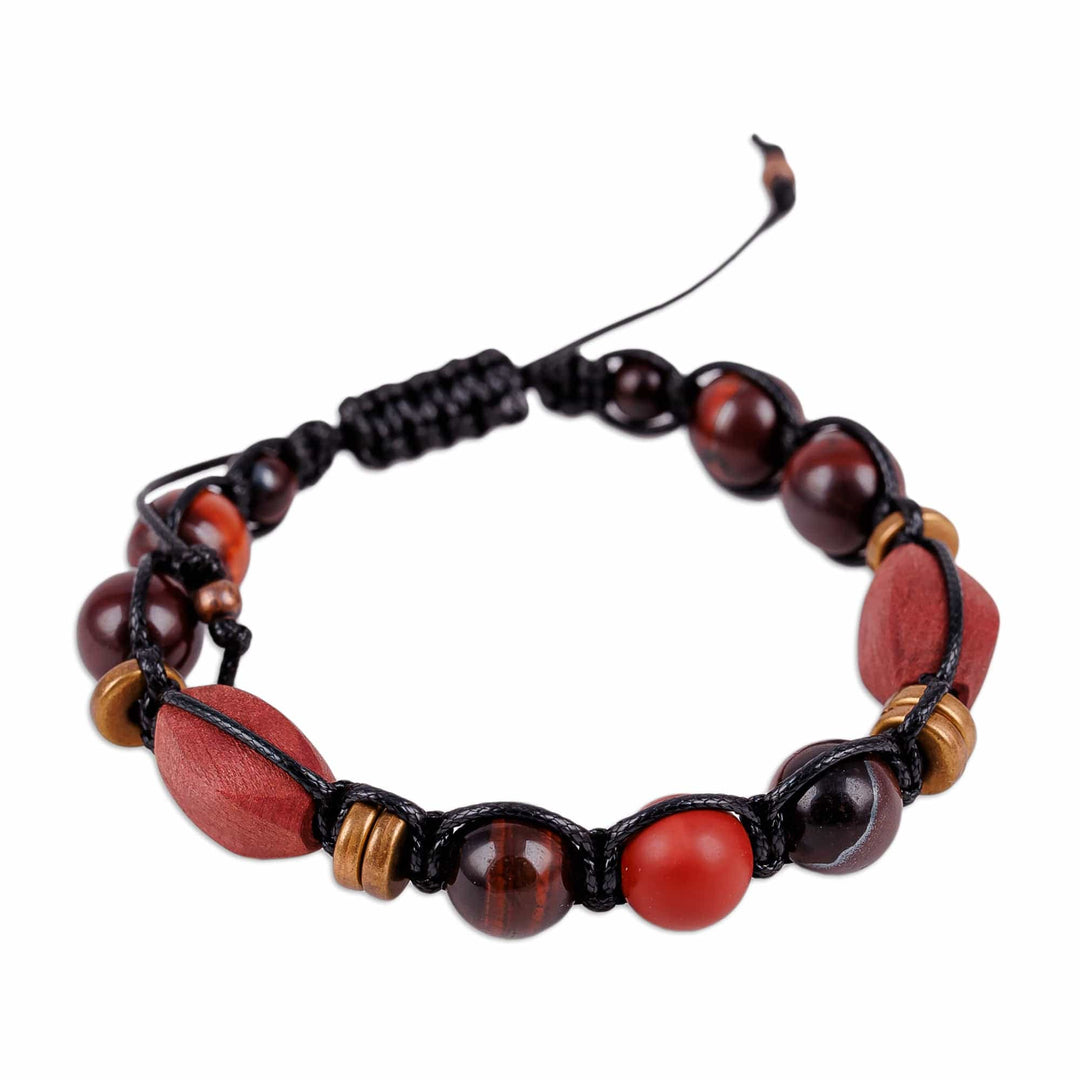Tiger's Eye and Jasper Black Waxed Nylon Macrame Bracelet - Weaving Bravery