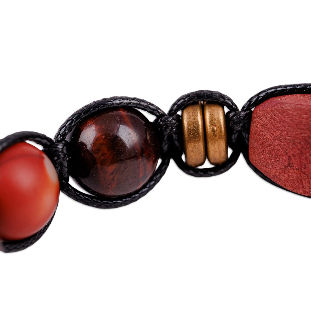 Tiger's Eye and Jasper Black Waxed Nylon Macrame Bracelet - Weaving Bravery