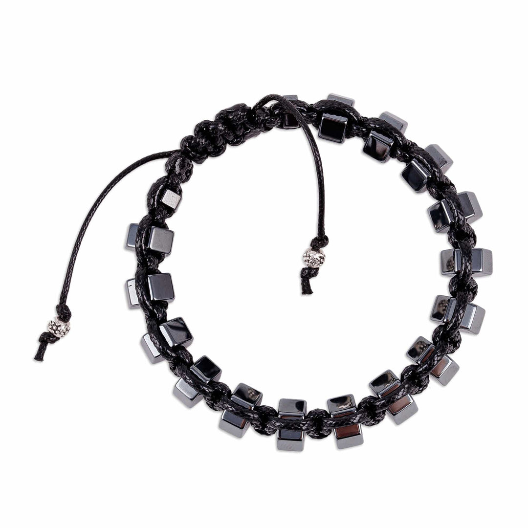 Handcrafted Dark Hematite and Vulcanite Macrame Bracelet - Bold Balance