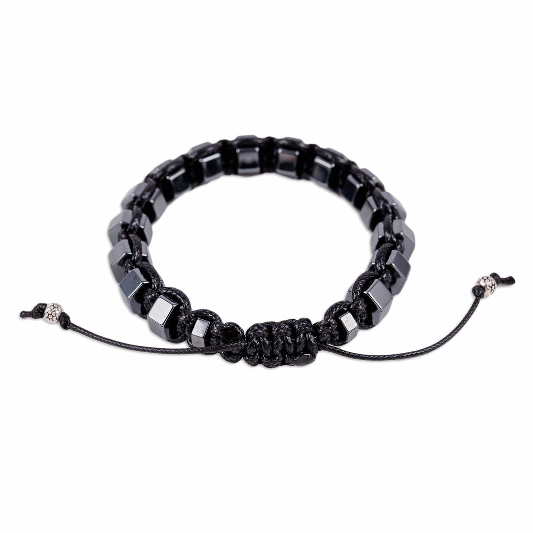 Handcrafted Dark Hematite and Vulcanite Macrame Bracelet - Bold Balance