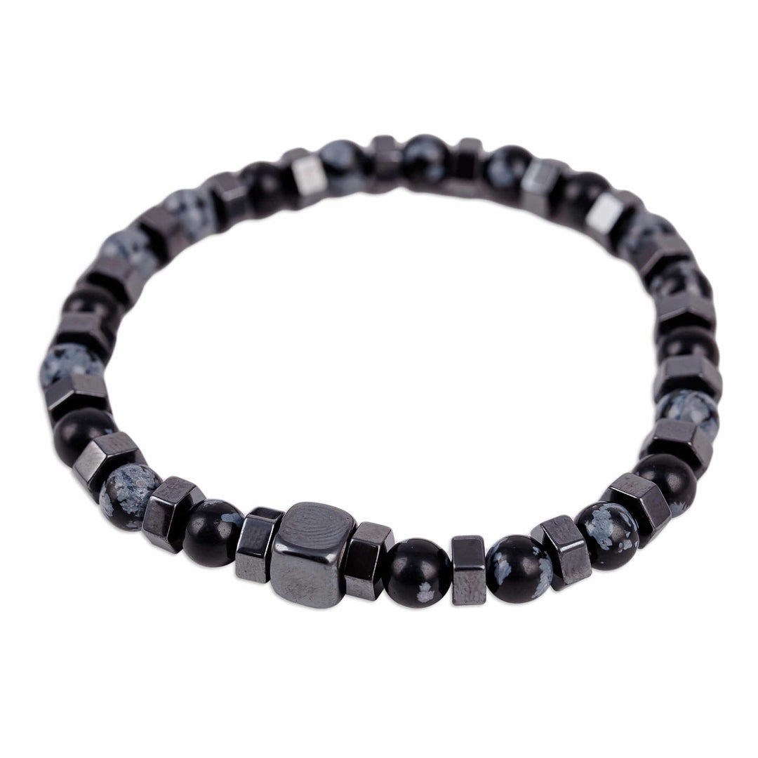 Hematite and Obsidian Beaded Stretch Bracelet in Dark Hues - Night Powers