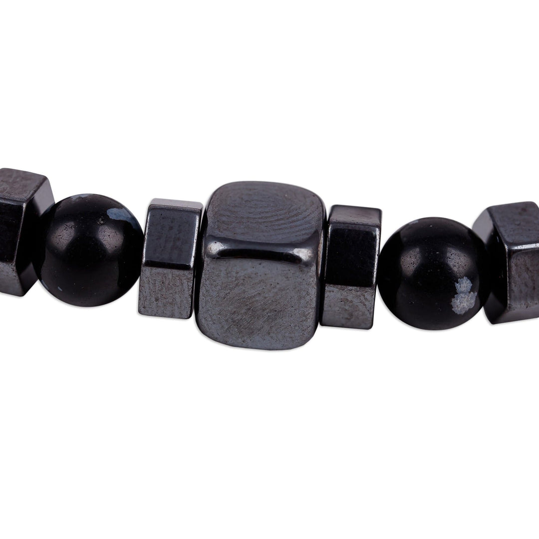 Hematite and Obsidian Beaded Stretch Bracelet in Dark Hues - Night Powers