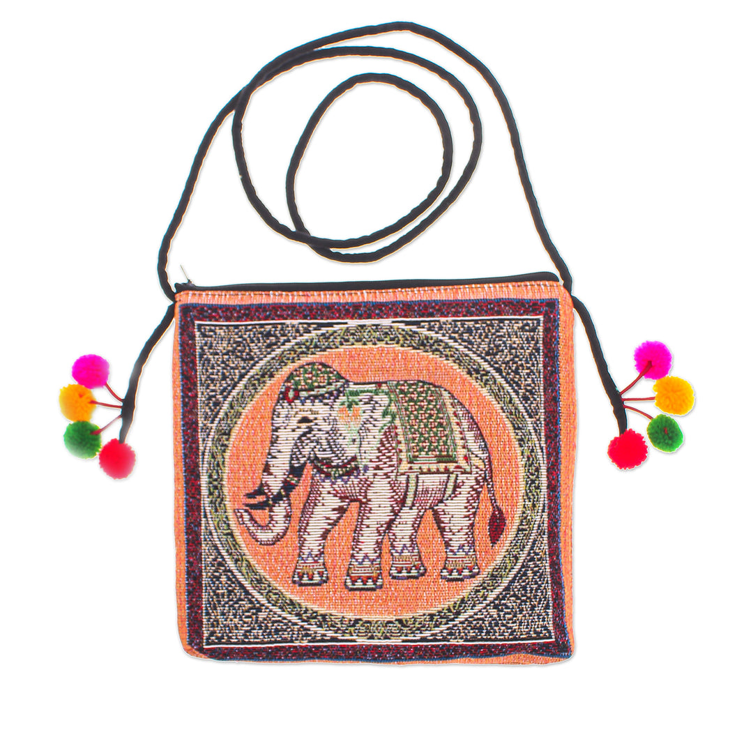Cotton Blend Elephant-Themed Sling Bag with Pompoms - Elephant Flair