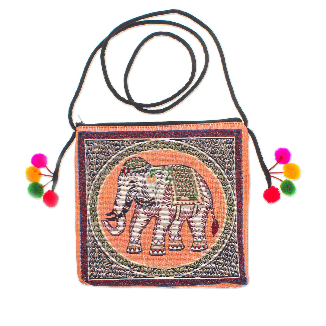 Handmade Cotton Blend Elephant-Themed Sling Bag with Pompoms - Elephant Flair