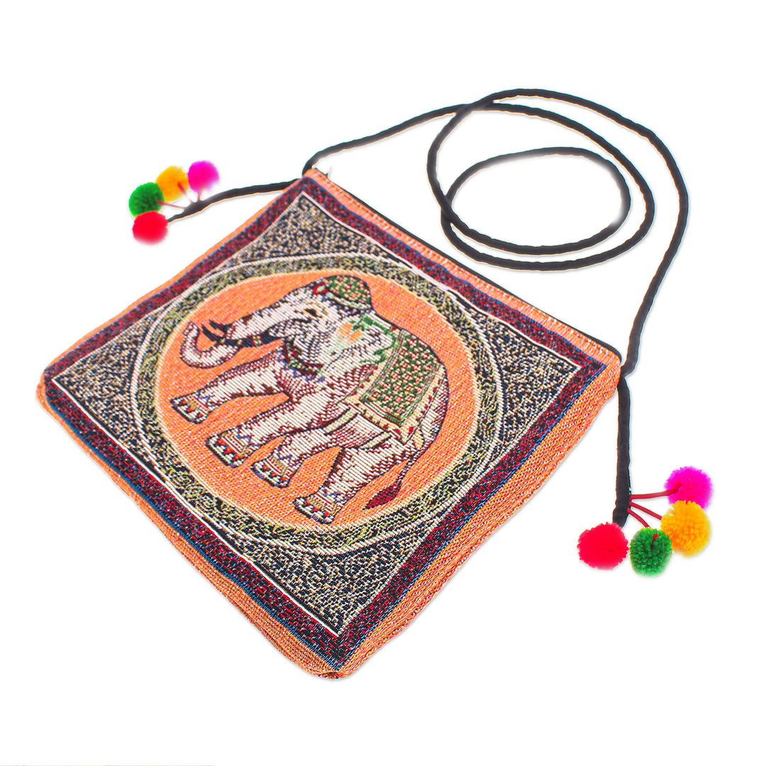 Cotton Blend Elephant-Themed Sling Bag with Pompoms - Elephant Flair