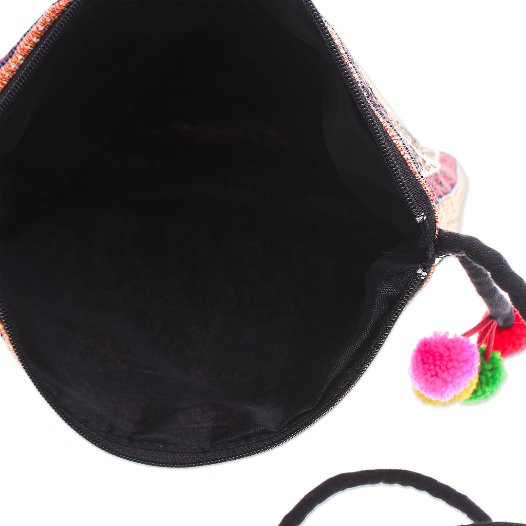 Cotton Blend Elephant-Themed Sling Bag with Pompoms - Elephant Flair