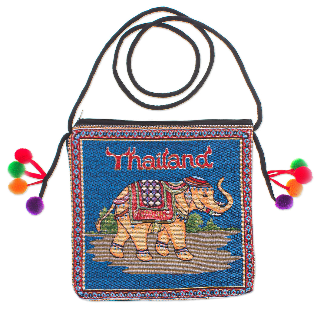 Cotton Blend Elephant-Themed Sling Bag in Blue with Pompoms - Elephant Allure