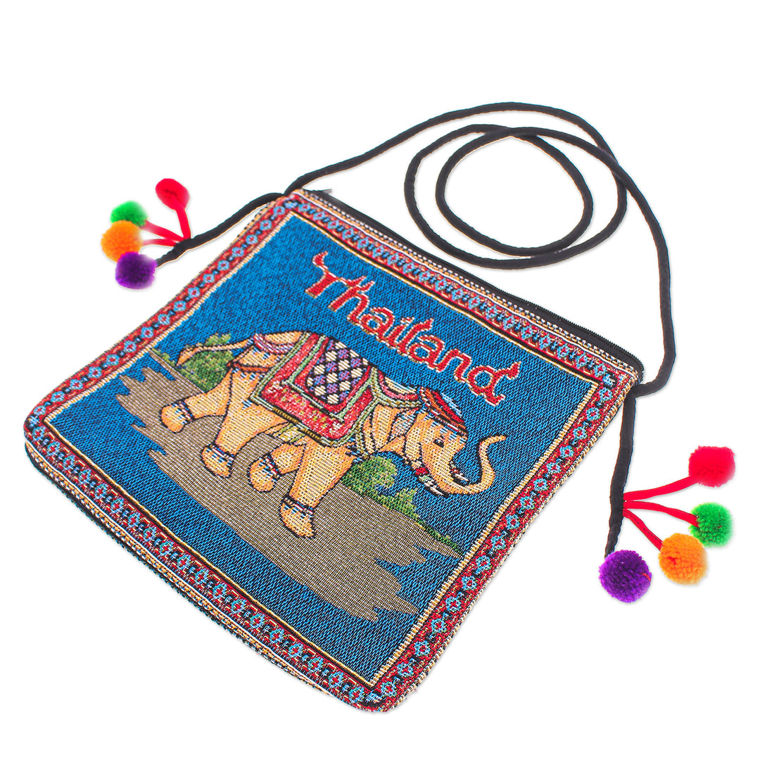 Cotton Blend Elephant-Themed Sling Bag in Blue with Pompoms - Elephant Allure