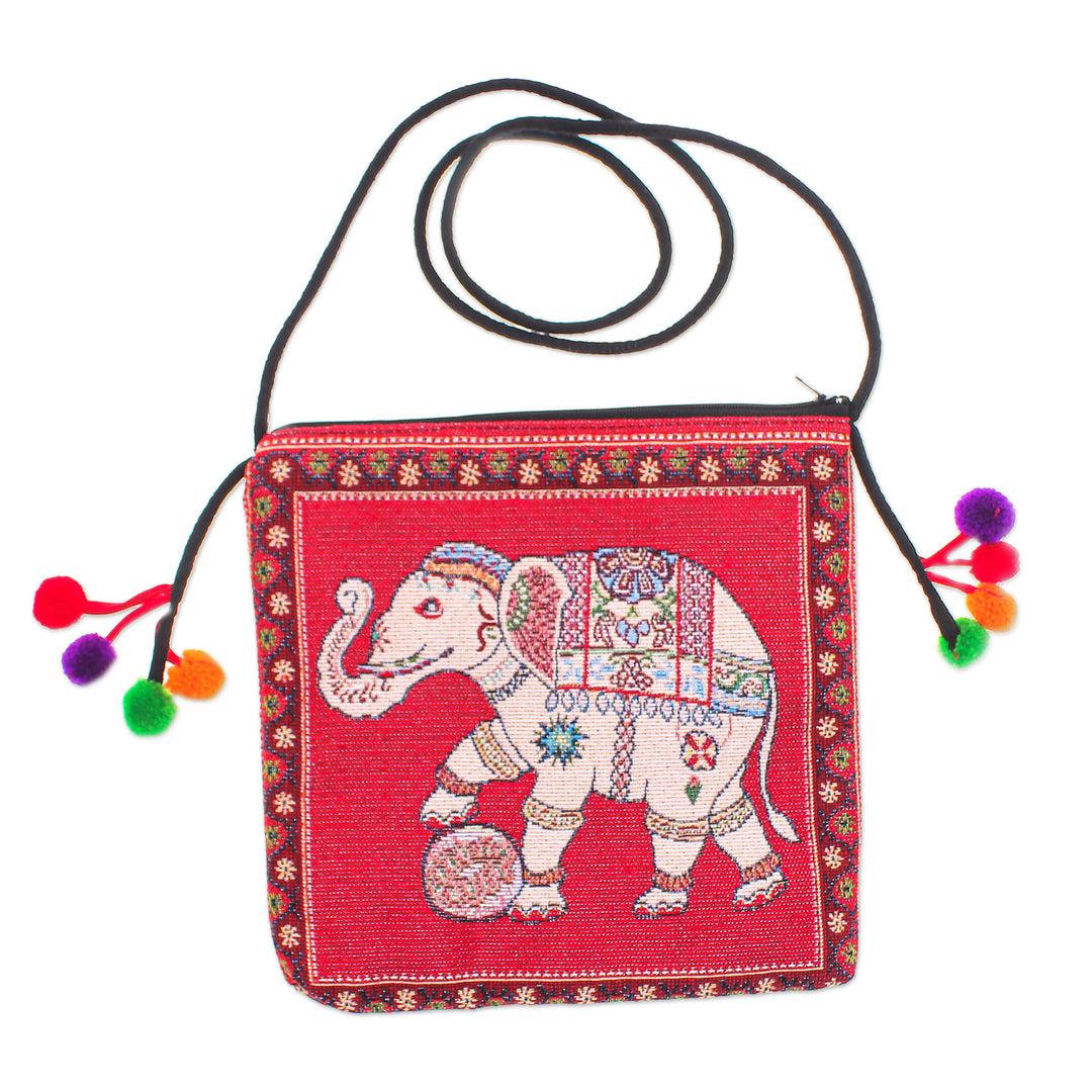 Cotton Blend Elephant-Themed Sling Bag in Red with Pompoms - Elephant Beauty