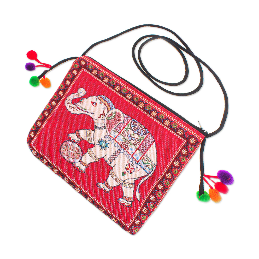Cotton Blend Elephant-Themed Sling Bag in Red with Pompoms - Elephant Beauty